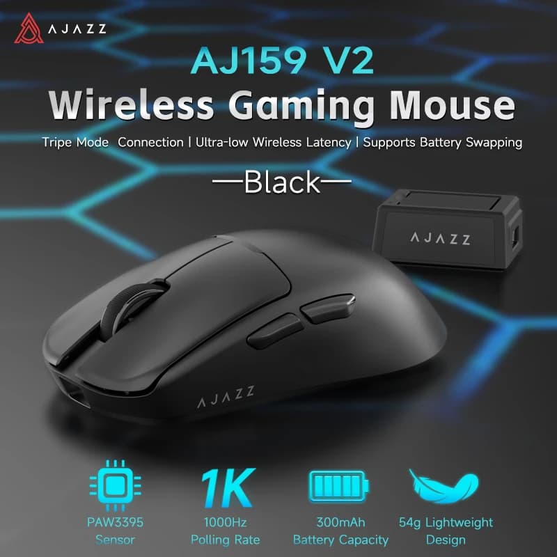 AJAZZ AJ159 V2 Tri‑Mode Wireless Gaming Mouse,54g Ultra‑Light,PAW3395 Sensor,Quick‑Swap Removable Battery,Hot‑Swap Switches,32000DPI Low Latency for PC Gaming & Office