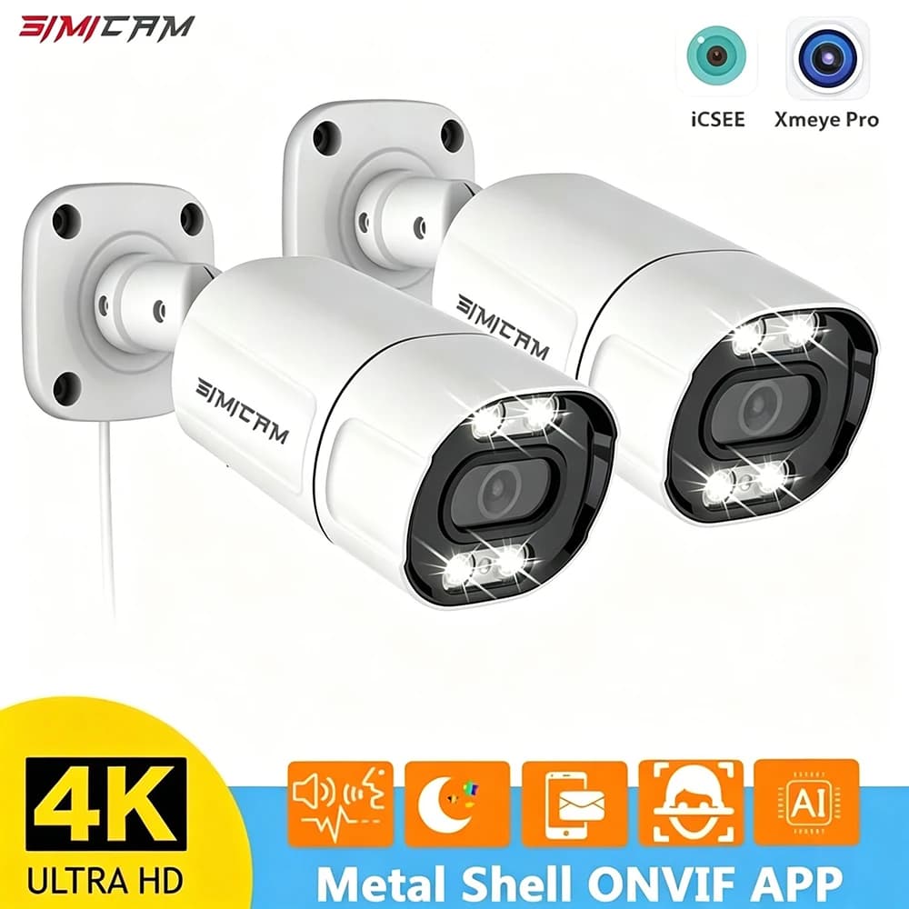 4K PoE Security IP Camera Onvif Two-Way Audio 48V PoE/DC 12V Color Night Vision 2pcs 8MP Metal Bullet Video Surveillance for NVR