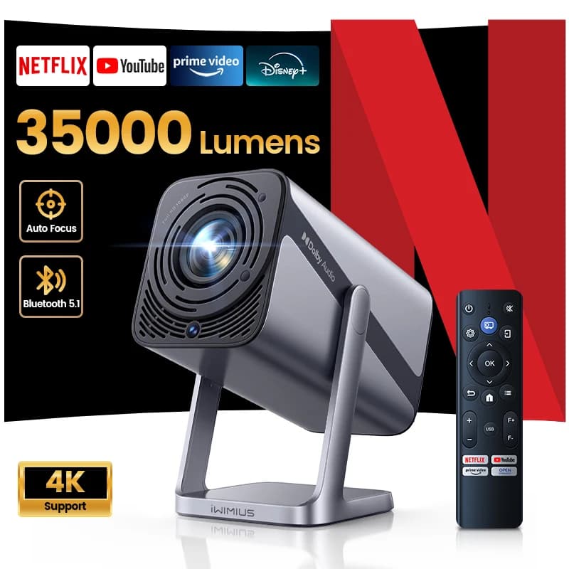 Wimius 4K Video Mini Portable Projector 960ANSI Auto Focus WiFi6 BT5.2 Full HD 1080P  Android Movie Projectors Official Netflix