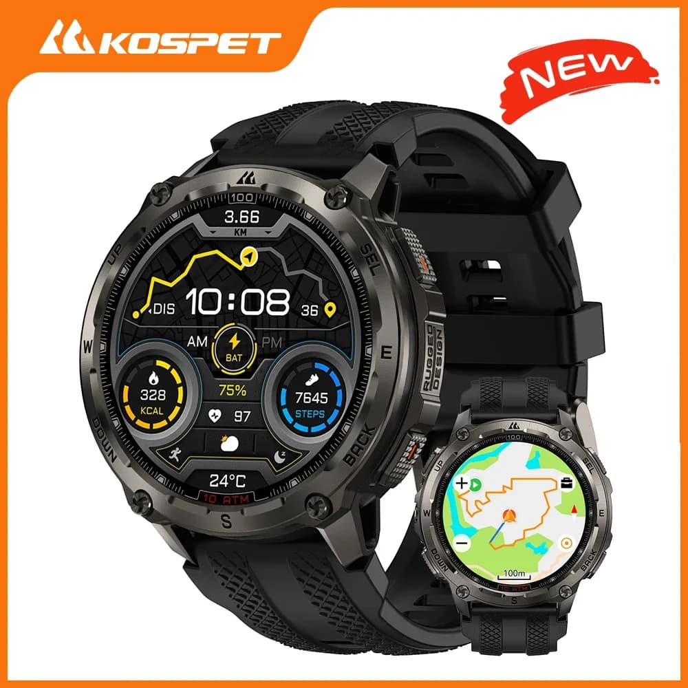 KOSPET Tank T4 Men's Rugged Smart Watch with 32GB Storage GPS Offline Maps 10ATM Waterproof Heart Rate Diving Skiing Hiking