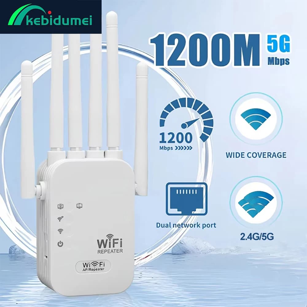 Kebidumei 1200Mbps Wifi Repeater Dual Band 2.4G 5G Network Range Extender Signal Booster Amplifier 6Antenna Wireless WiFi Router