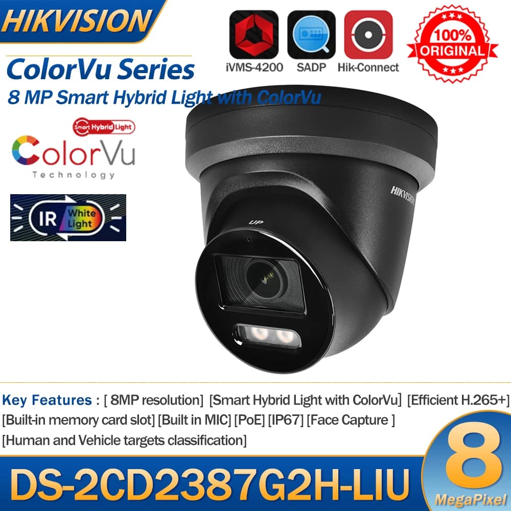 Hikvision IP Camera 8MP DS-2CD2387G2H-LIU 4K Smart Hybrid Light With ColorVu Dual-Light Fixed Turret Network Camera Built-in Mic