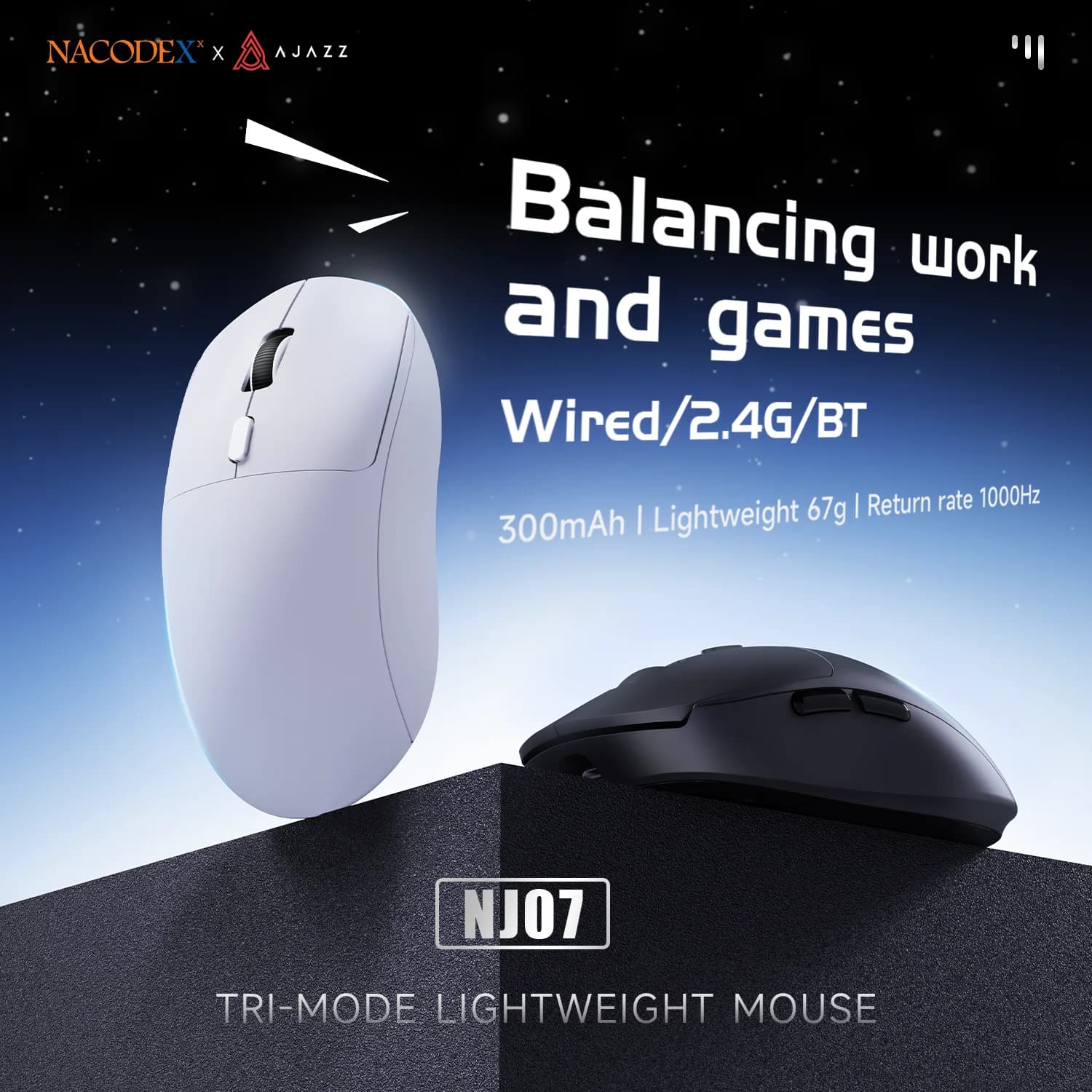 AJAZZ NJ07 Wireless Gaming Mouse, 59g Lightweight, Pixart Sensor PAW3311, 6 DPI up to 12K, 2.4G/USB-C Wired PC Mouse for Gamers