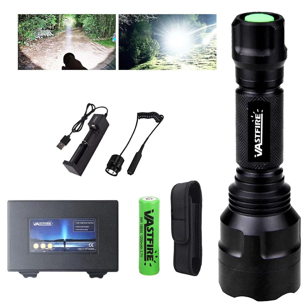 EU Local Stock High Lumen Tactical Hunting LED Torch, USB-C Rechargeable Long Range 400-800M Waterproof Flashlight, Complete Set with 18650 Battery & Charger for Wilderness Hunting Night Patrol Camping & Outdoor Emergency