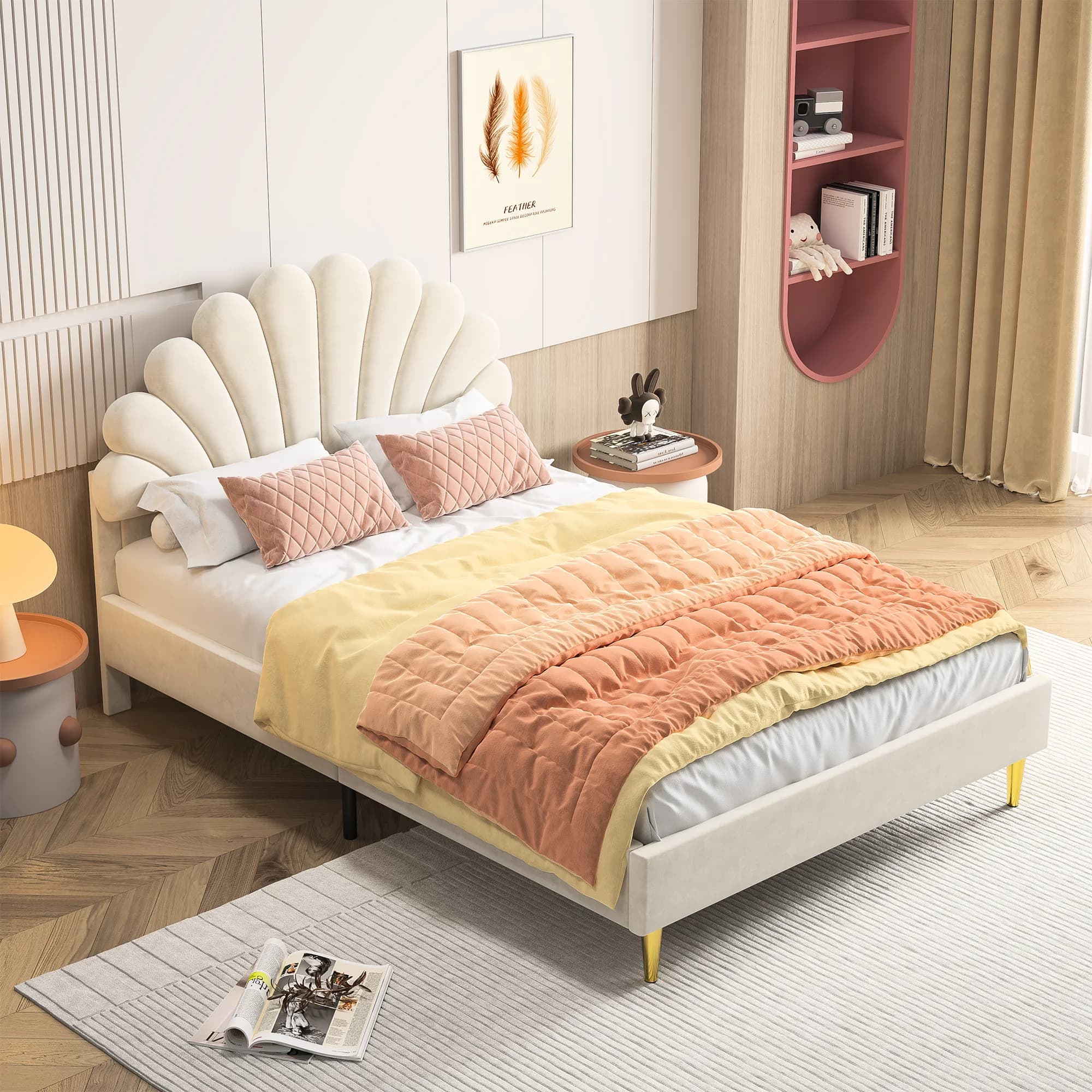 Anajqaqia 90×200/140×200cm Upholstered Double Bed with Flower-Shaped Headboard, Children's Bed, Bedroom Furniture, Red/Beige