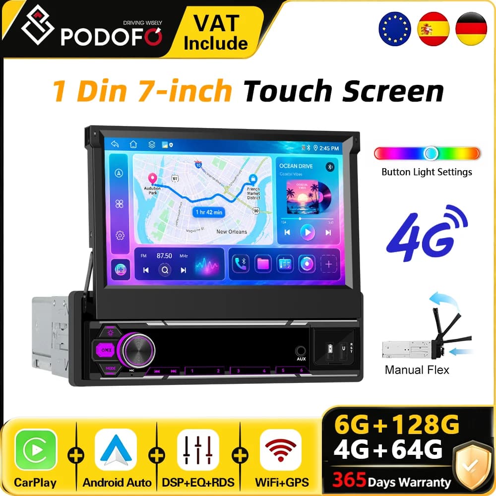 Podofo 7" 1 Din 6+128G Android Car Radio 4G Manual Telescopic Screen Wireless CarPlay Android Auto Car Intelligent System GPS Navigation WiFi Car Video Multimedia Player FM RDS USB Autoradio