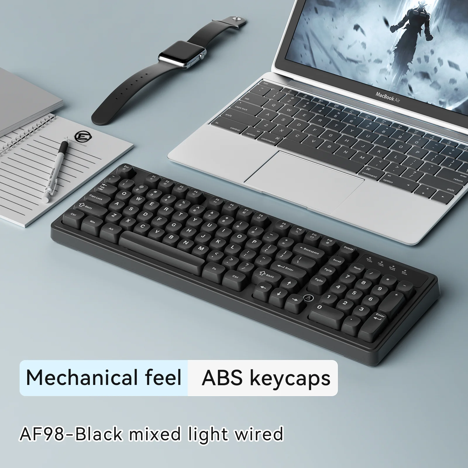 AJAZZ AF98 wired/wireless keyboard, 98 keys, mechanical feel, suitable for office use, long battery life, three lighting modes, RGB lighting effects, mixed color lighting, ABS keycaps, ergonomic design.