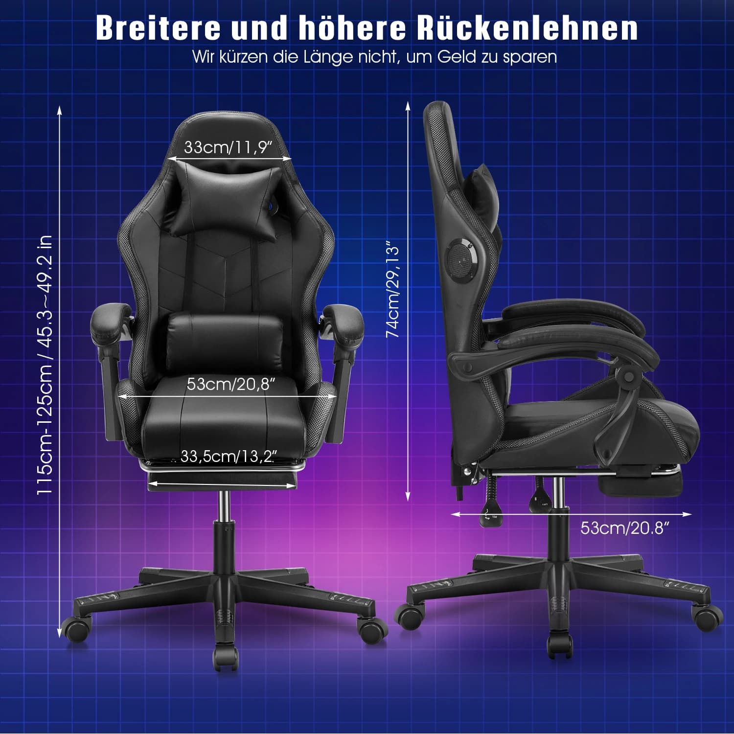 Ergonomic gaming chair with LED lighting, headrest, lumbar support, reclining backrest and height adjustment (with LED lighting, black)