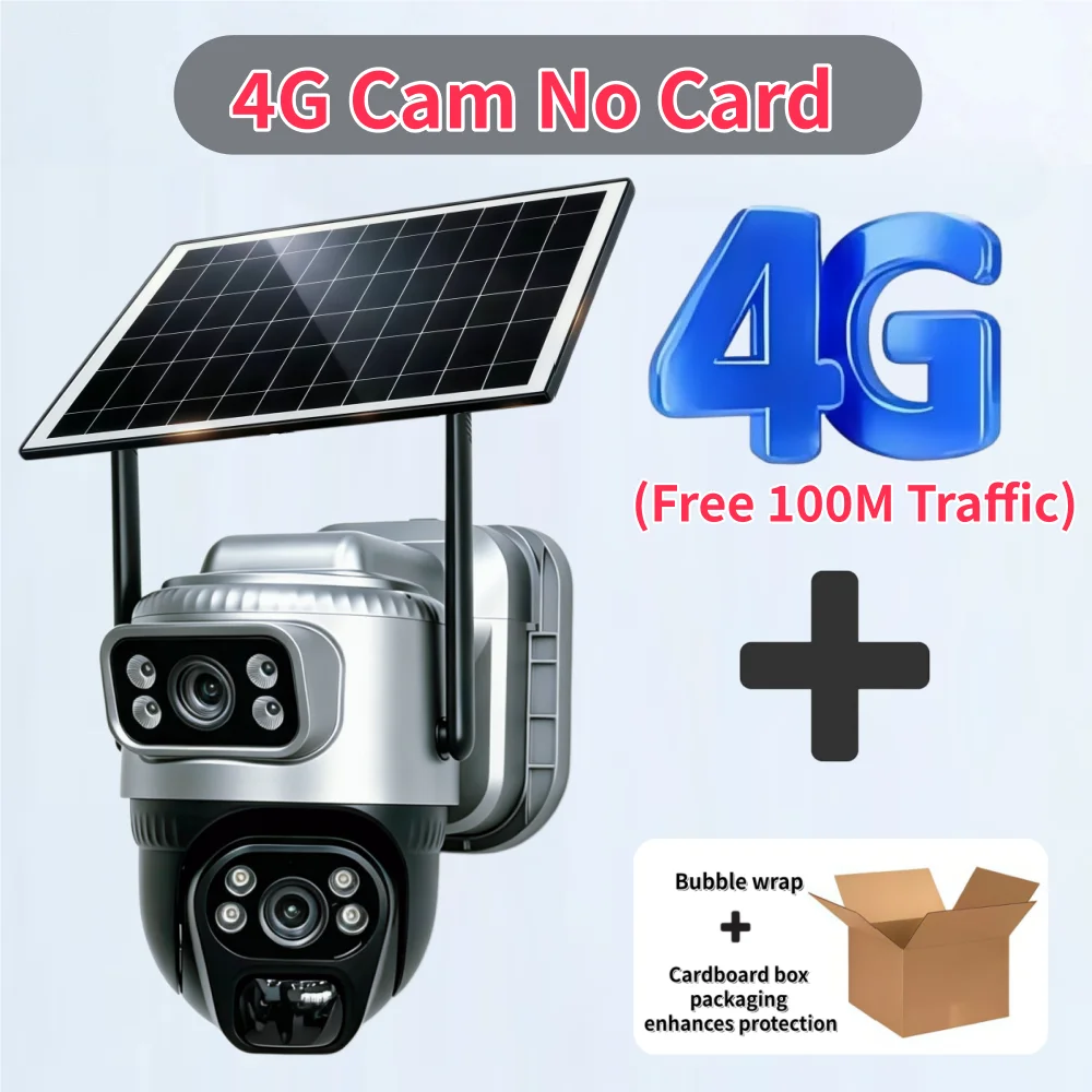 Dual-lens Dual-screen IP Solar Camera HD 8MP Outdoor IP66 Waterproof CCTV Night Vision Two-Way Audio Camera Mobile Tracking 4G IP Camera V380 Pro Video Playback Rotation Rechargeable Battery Powered 4G Surveillance Camera