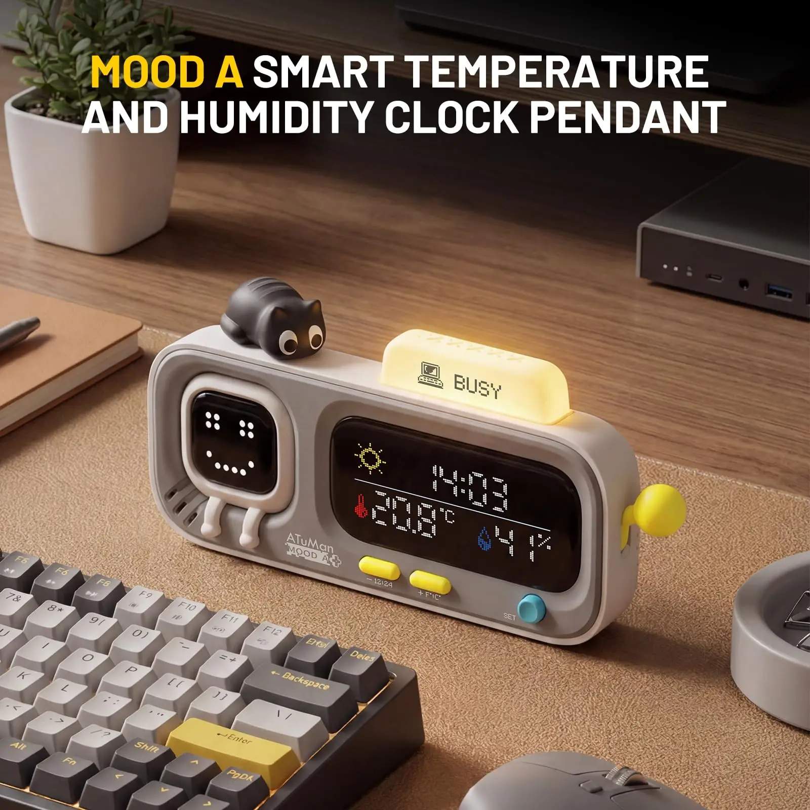 ATuMan Mooda A Thermometer Hygrometer Clock, High Precision Temp Humidity Monitor, Cute Pixel Display, ℃/℉ Switch Desk Gadget