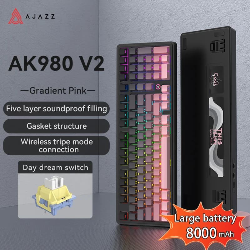 AJAZZ AK980 V2 98 Keys 3-Mode Wireless Mechanical Keyboard, LCD Screen & Multi-Function Knob (Screenless Option Available), 5-Layer Gasket Structure, Hot Swappable, RGB Backlight, 10000mAh Battery