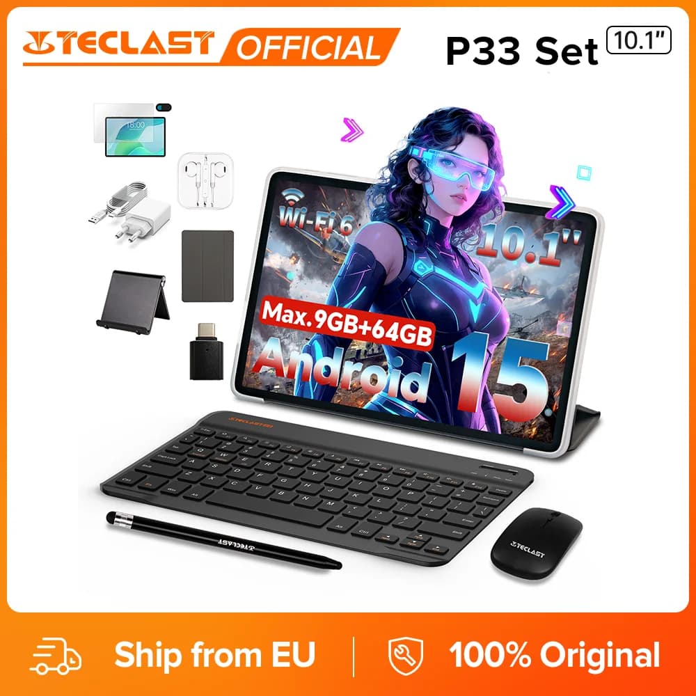 Teclast P33 Tablet Set 10.1 inch Max. 9GB RAM 64GB ROM 1280x800 Android 15 Allwinner A333 Penta Core 6000mAh Wi-Fi 6 Type C
