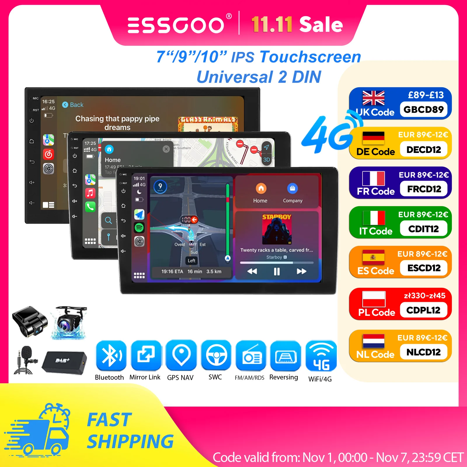 ESSGOO 7"/9"/10" 2 DIN 8-Core Android14 6+128G Car Radio Wireless Carplay GPS Navi BT AM FM RDS WIFI QLED Touchscreen 4G LTE SWC