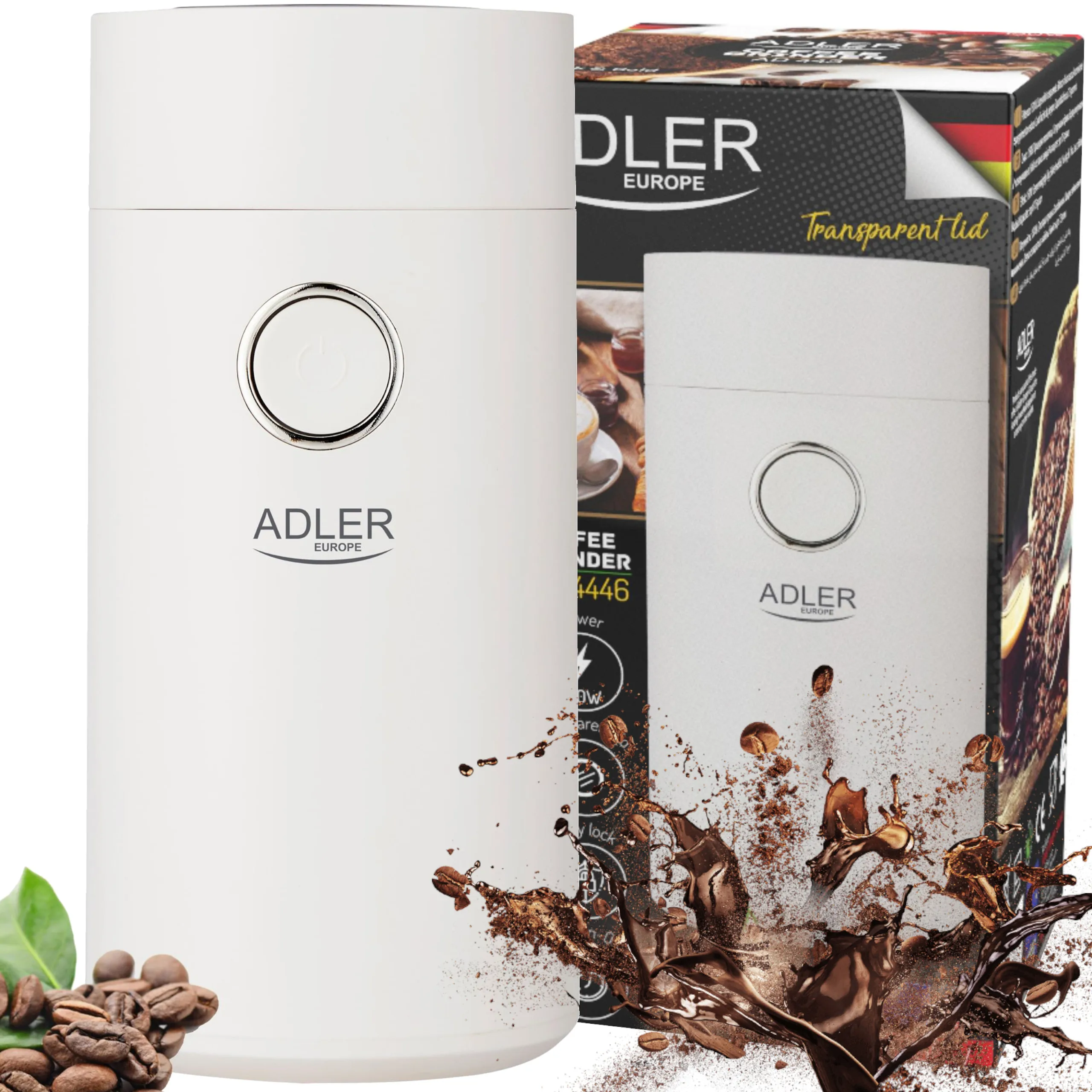 150W electric coffee grinder, 75g, steel blades, white and silver