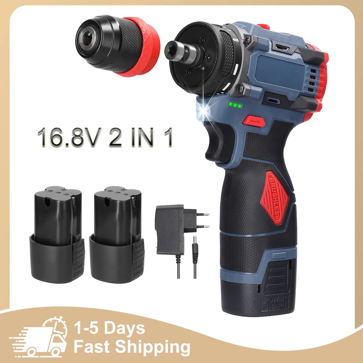 45Nm 16.8V 2in1 Lithium Electric Drill Screwdriver Multi-function Power Tool Brushless Motor Practical Torque 2 Battery