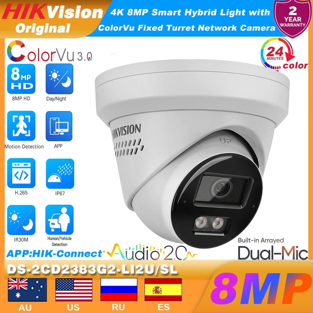 Hikvision DS-2CD2383G2-LI2U/SL 4K 8MP IP Camera Smart Hybrid Light Arrayed Mic Speaker Turret Acusense Red Blue Light Warning