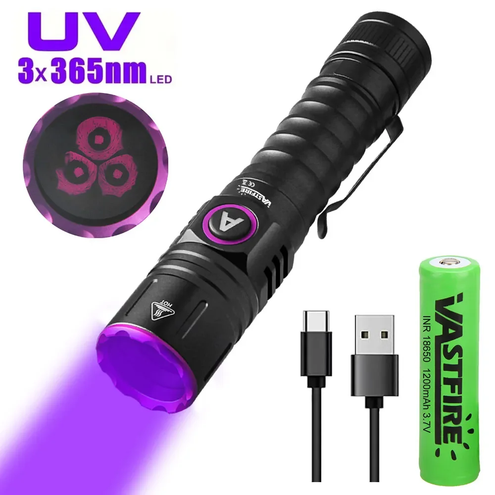 365nm UV Taschenlampe USB-C Rechargeable, Blacklight Flashlight for Pet Urine Detector & Counterfeit Money Check, Waterproof UV Torch, EU Local Stock