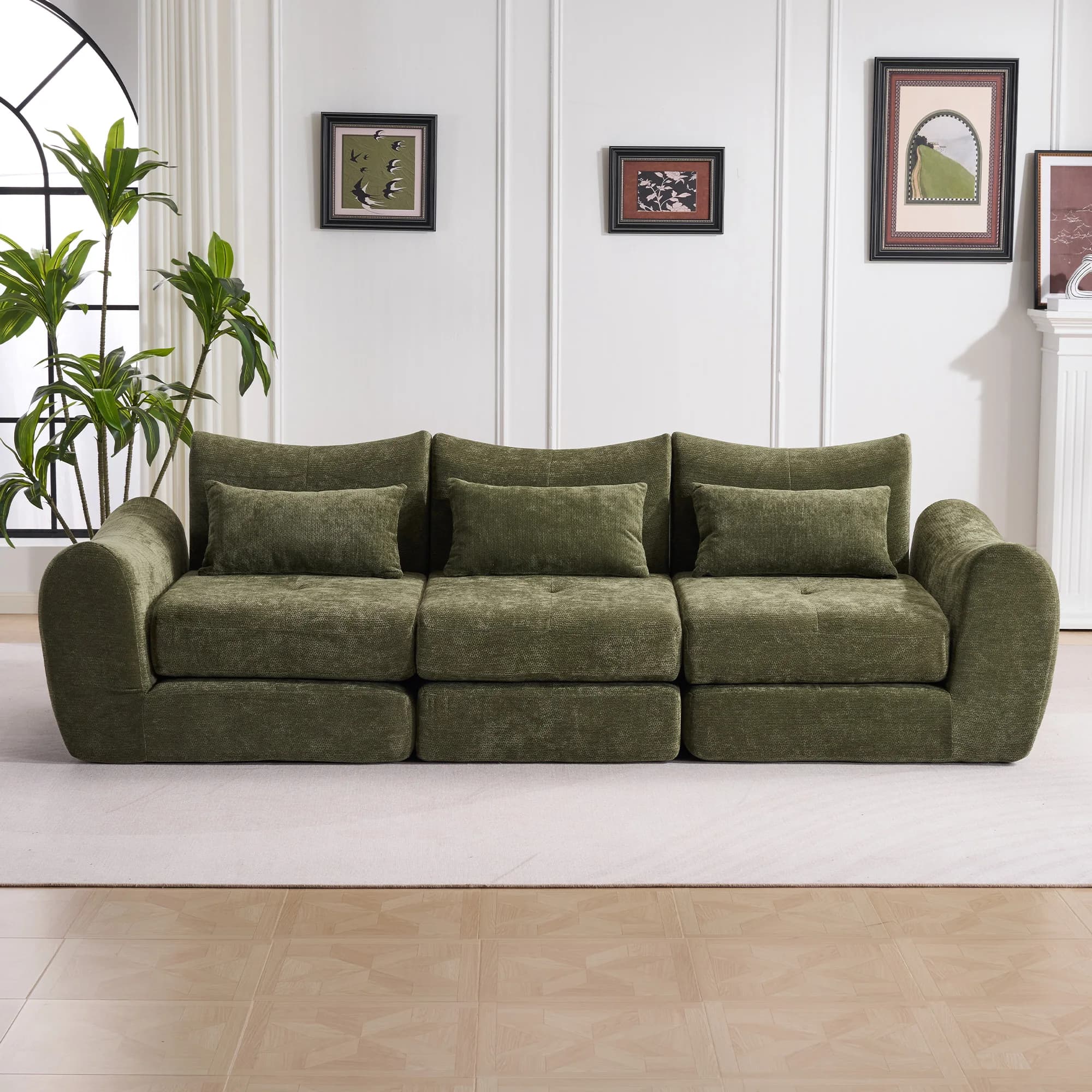 Green Comfort Compressed Sofa,3 Seats No Assembly Required Sofa Bed,Black Chenille Free Combination For Living Room, Apartment