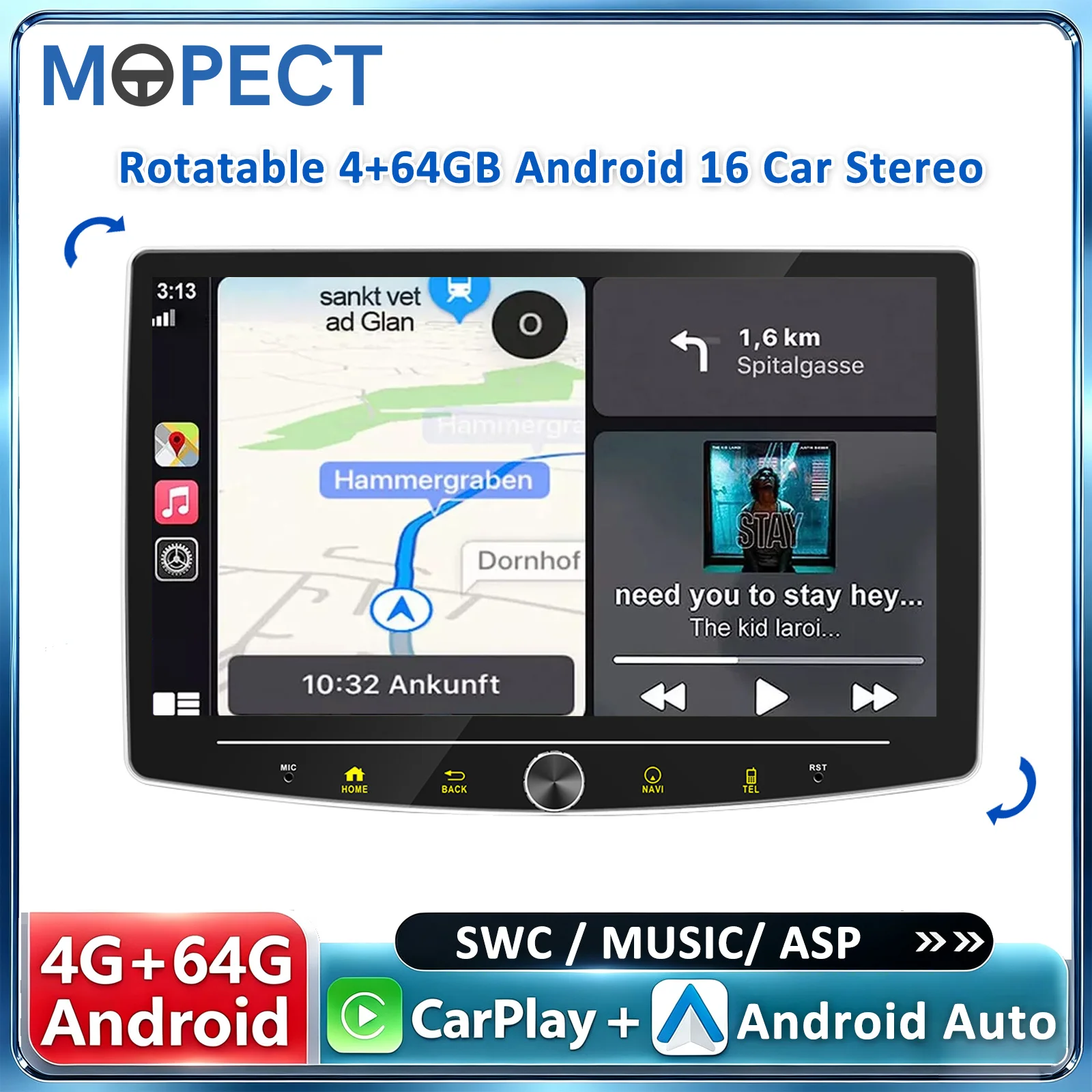MOPECT Rotatable 10.1 inch 1 DIN Car Stereo, Wireless Apple CarPlay & Android Auto Android 16 4+64GB with Rotating IPS Touchscreen, DAB+ Digital Radio, GPS Navigation Bluetooth Autoradio FM RDS DVR