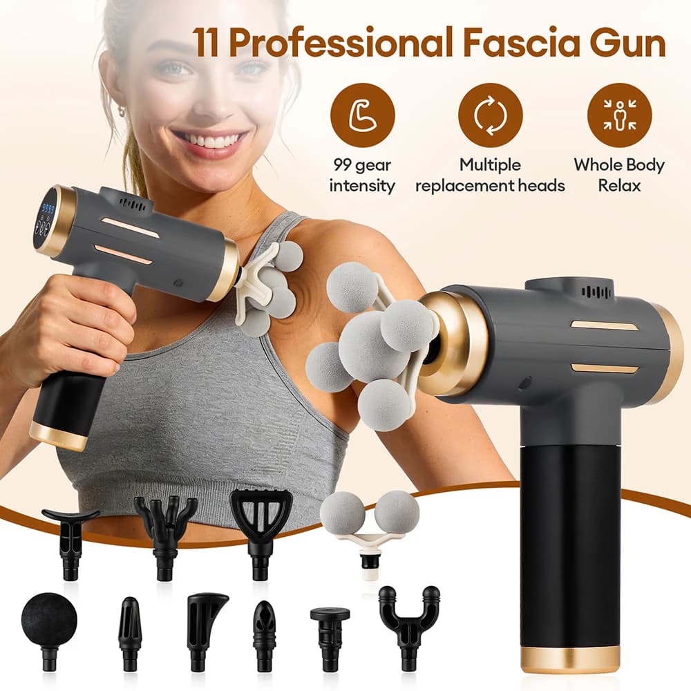 11 IN 1 Powerful Electric Massage Gun 99 Levels Adjustable High-Frequency Vibration Fascia Gun for Sports Recovery Body Massage