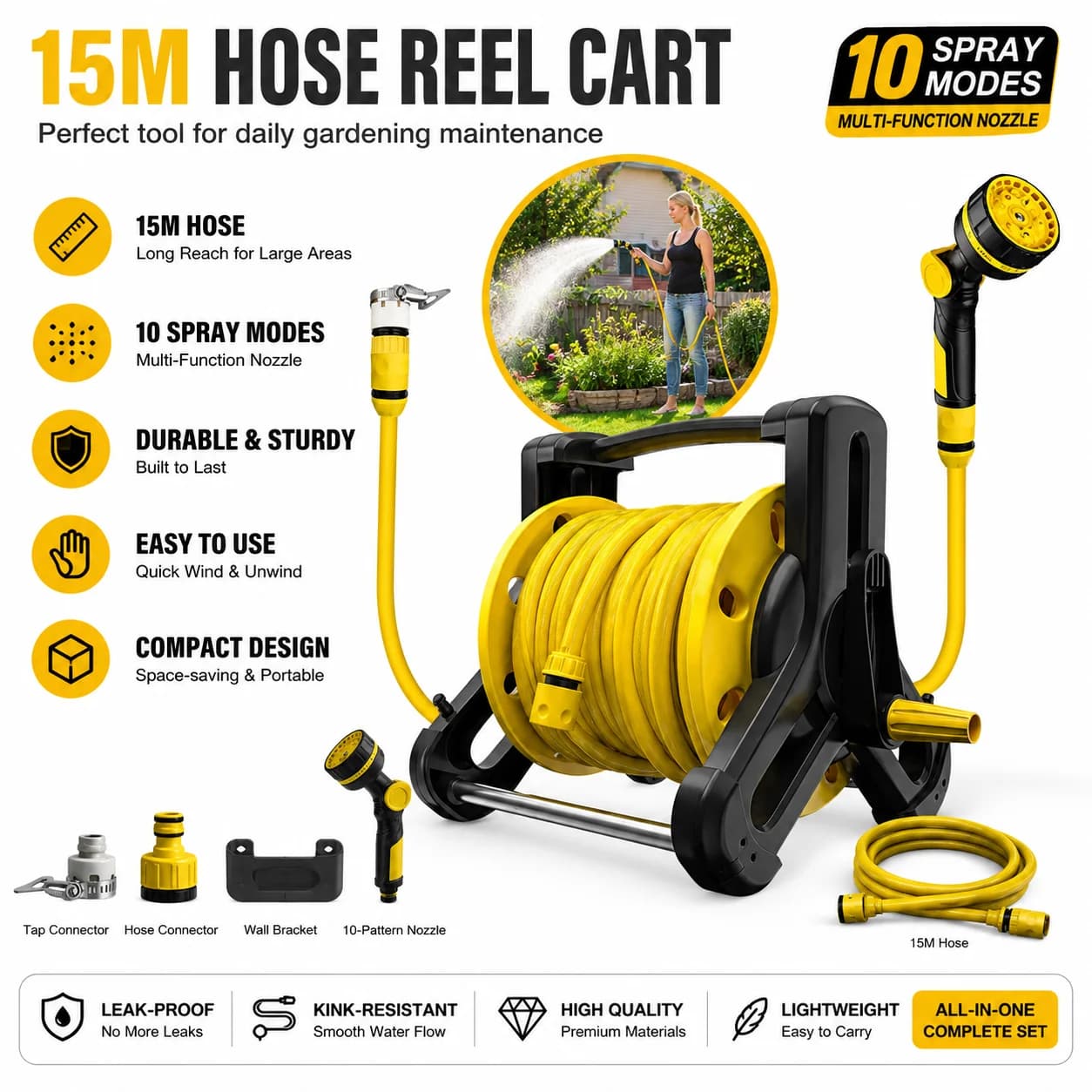 15M Portable Garden Hose Reel Cart Kit Freestanding & Wall Mountable Water Hose Storage System with 10 Spray Mode Nozzle for Lawn Watering Car Washing Pet Bathing