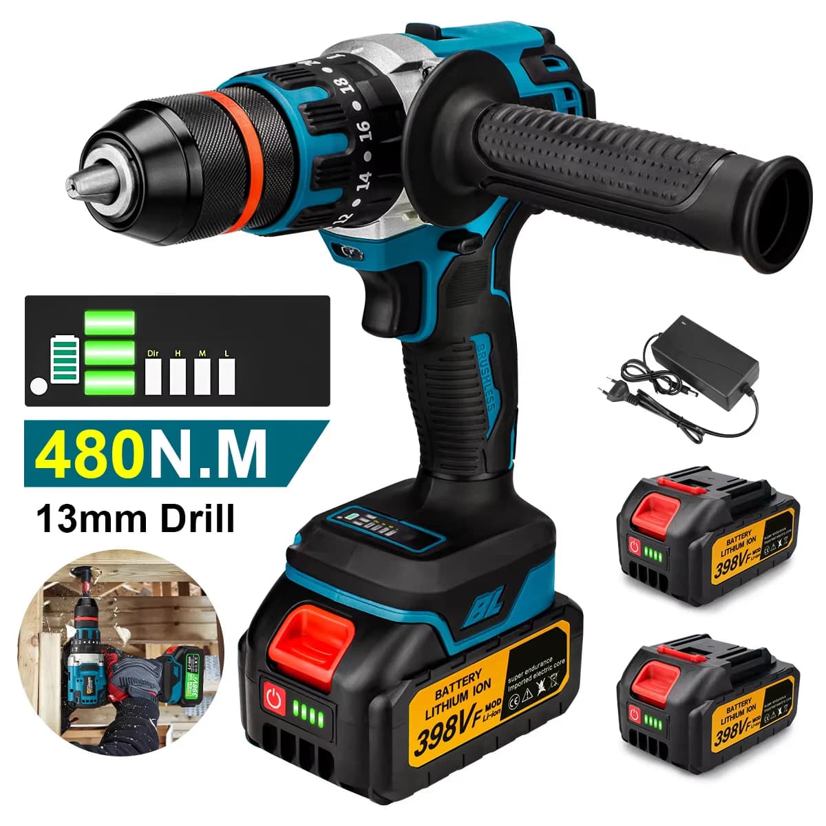 13mm Brushless Electric Drill 18v battery Cordless Handheld Drill Screwdriver 2 Speed 23 Torque Setting Fit Makita 18V Battery