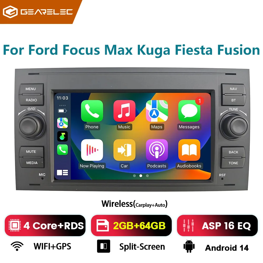Car Radio for Ford Focus, Max, Kuga, Fiesta, Fusion; CarPlay, Android Auto, 7-inch, 2-DIN, GPS, Wi-Fi, Android 14; Car Stereo Multimedia Player