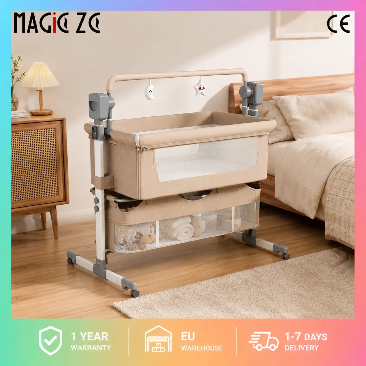 MAGIC ZC Electric 3-in-1 Baby Bedside Crib, Portable Infant Bassinet with 5-Speed Intelligent Rocking, Co-Sleeper Next to Me Bed, Adjustable Height Newborn Nursery Cot with Wheels, Breathable Fabric, Travel & Home Use