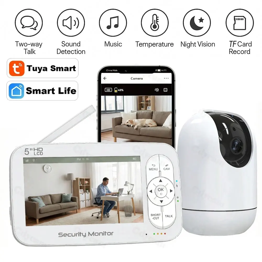 Smart 5" WiFi Baby Monitor 4x PTZ Zoom Tuya APP+Monitor Dual Control Electronic Baby Sitter Two Way Audio Night Vision Babyphone