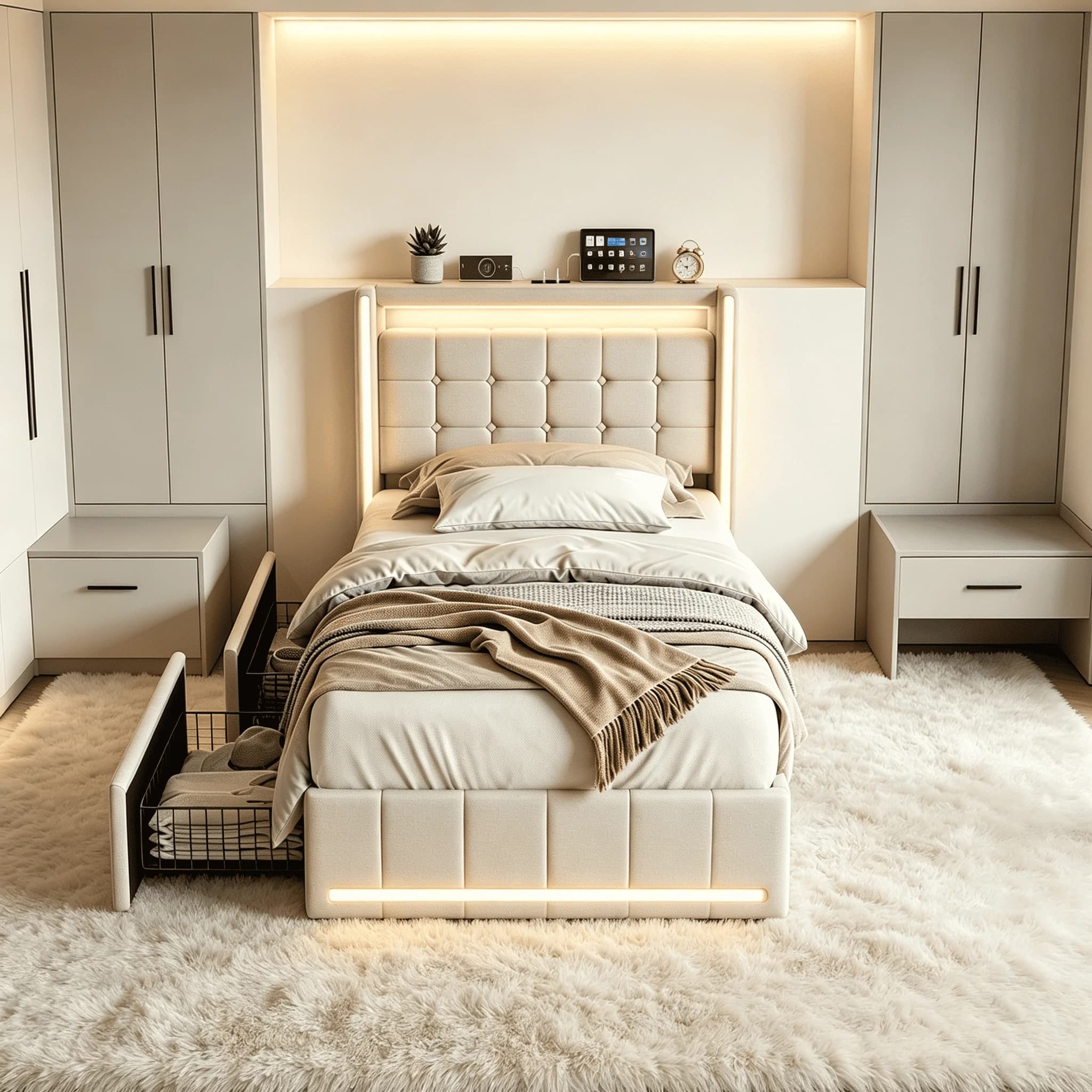 Upholstered Bed 90x200 cm with Bed Box and with 2 Drawers，With Hydraulic Metal Frame and Wooden Slatted Frame，LED and USB，Children's Bed，Youth Bed，Single Bed，Linen,Beige/Grey，Without Mattress