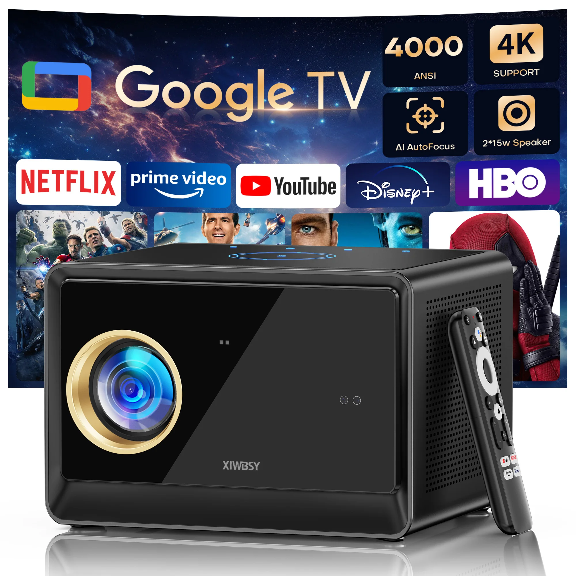 XIWBSY 4000ANSI Google TV Projector 4K Android 14.0 Sealed Optical Projector 52000Lumens WiFi6 Projector Google Voice Assistant
