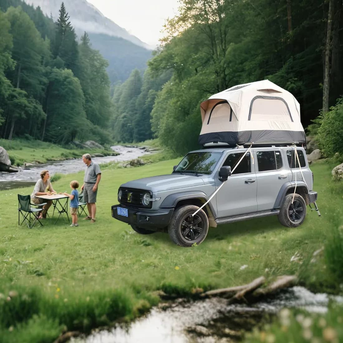 Roof Mounted Inflatable Camping Tent, UPF50+ UV, PU3000mm Waterproof, 300D Fabric, Triangle Tent for SUV Jeep, Beige Black