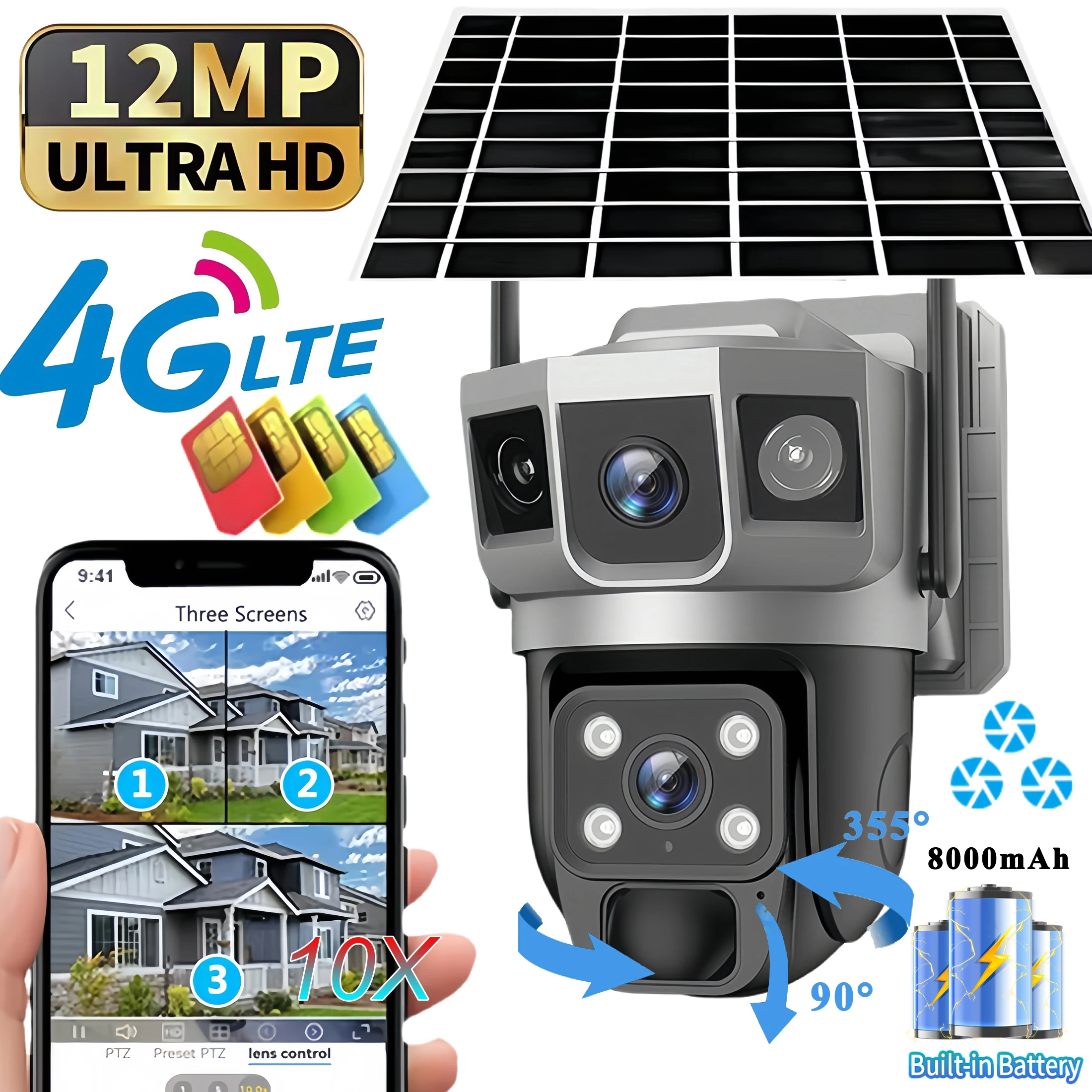V380 Pro 12MP Solar 4G IP Camera CCTV Three Screen Auto Tracking Outdoor Waterproof 6K Security Surveillance PTZ Camera Rechargeable Battery Powered WiFi Surveillance Camera 355-Degree Horizontal And Vertical 90-Degree Rotation﻿