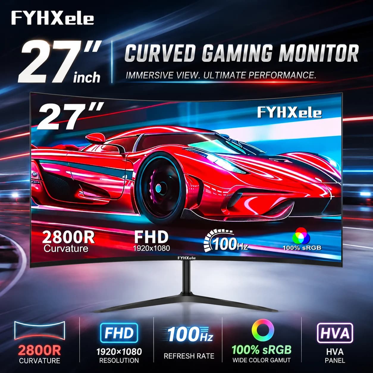 Display Screen 27 Inch 100Hz Curved Gaming Monitor FHD 1080P 16:9 CSOT HVA Panel PC Computer Screen Desktop Display 2ms 99%sRGB R2800 Matte Eye Care DC Dimming HDMI VGA Office Home Gamer Monitores
