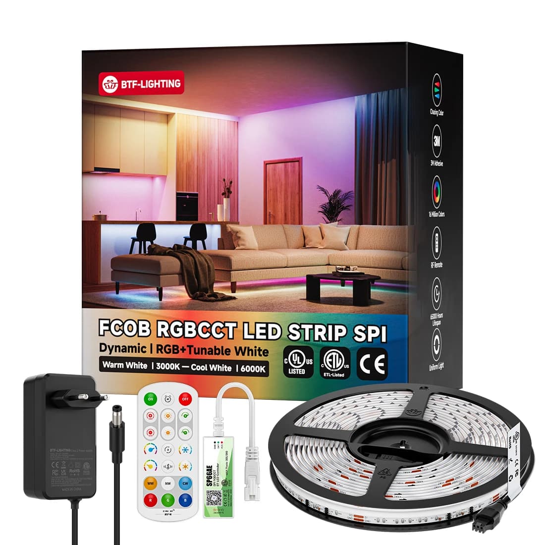 FCOB Dual IC RGBCCT Led Strip Light Kit Addressable WS2811 Dream Color RGB+CW WW 840 Leds Music Bluetooth APP Controller Power Supply Set