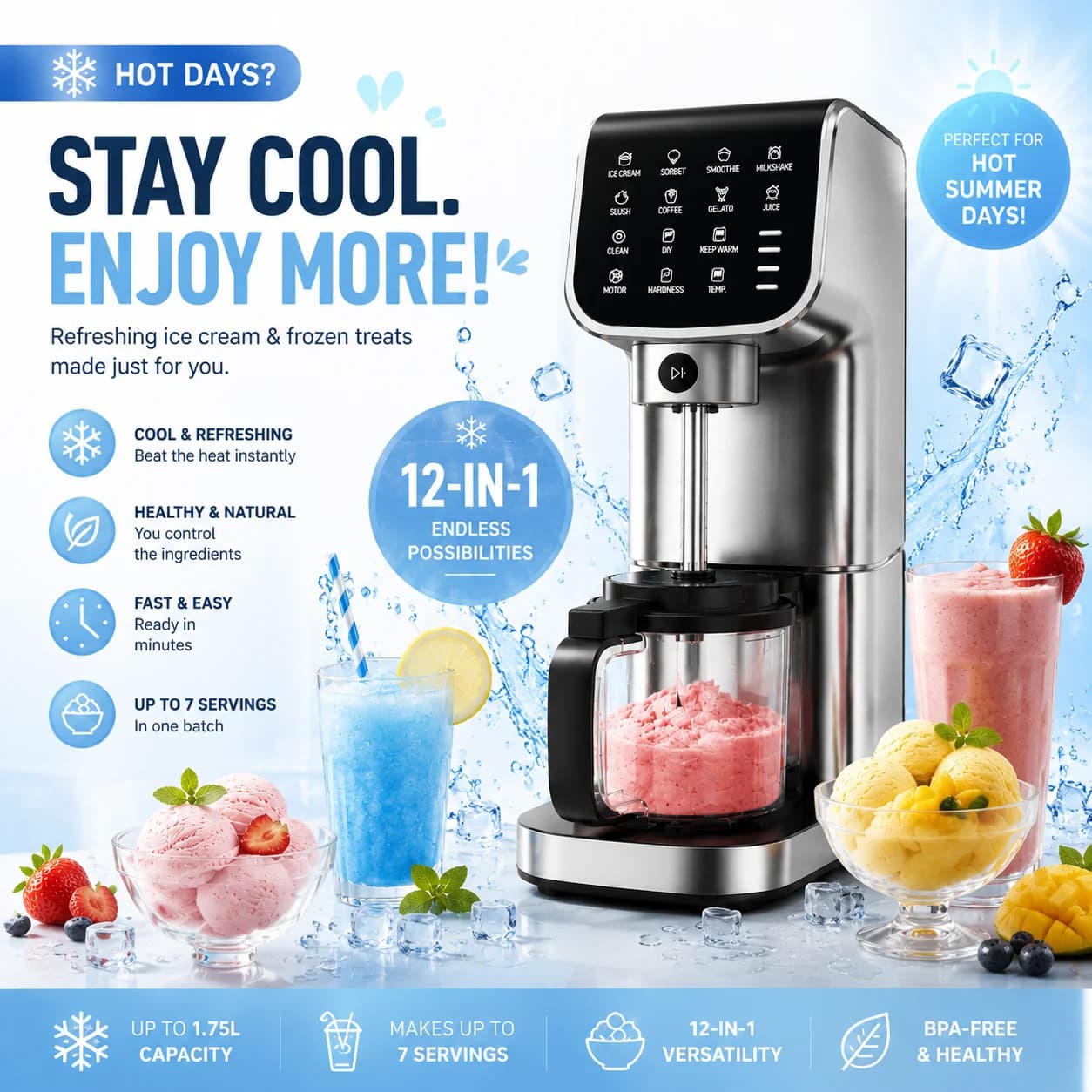 IcyTreat Ice Cream Maker 1.5L/57oz No Ice Needed Household Slushie Machine with 12 Preset Programs BPA-Free Frozen Drink Maker for Gelato Sorbet Milkshake Yogurt with Tritan Tubs Scoop Towel & Recipe 
