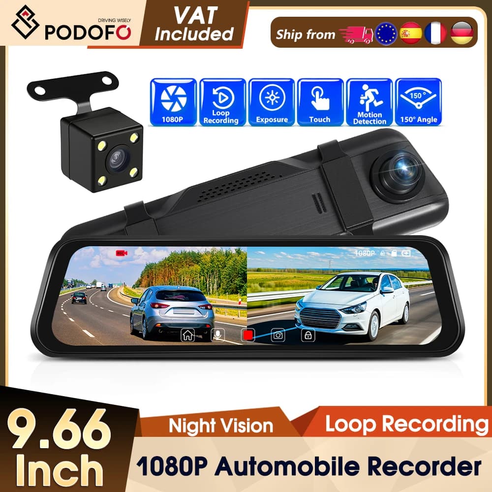 Podofo 9.66'' Dash Cam 1080P Dual-lens Car DVR Multi-language Car Video Recorder with 480P Rear Pull 150° Wide Viewing Angle