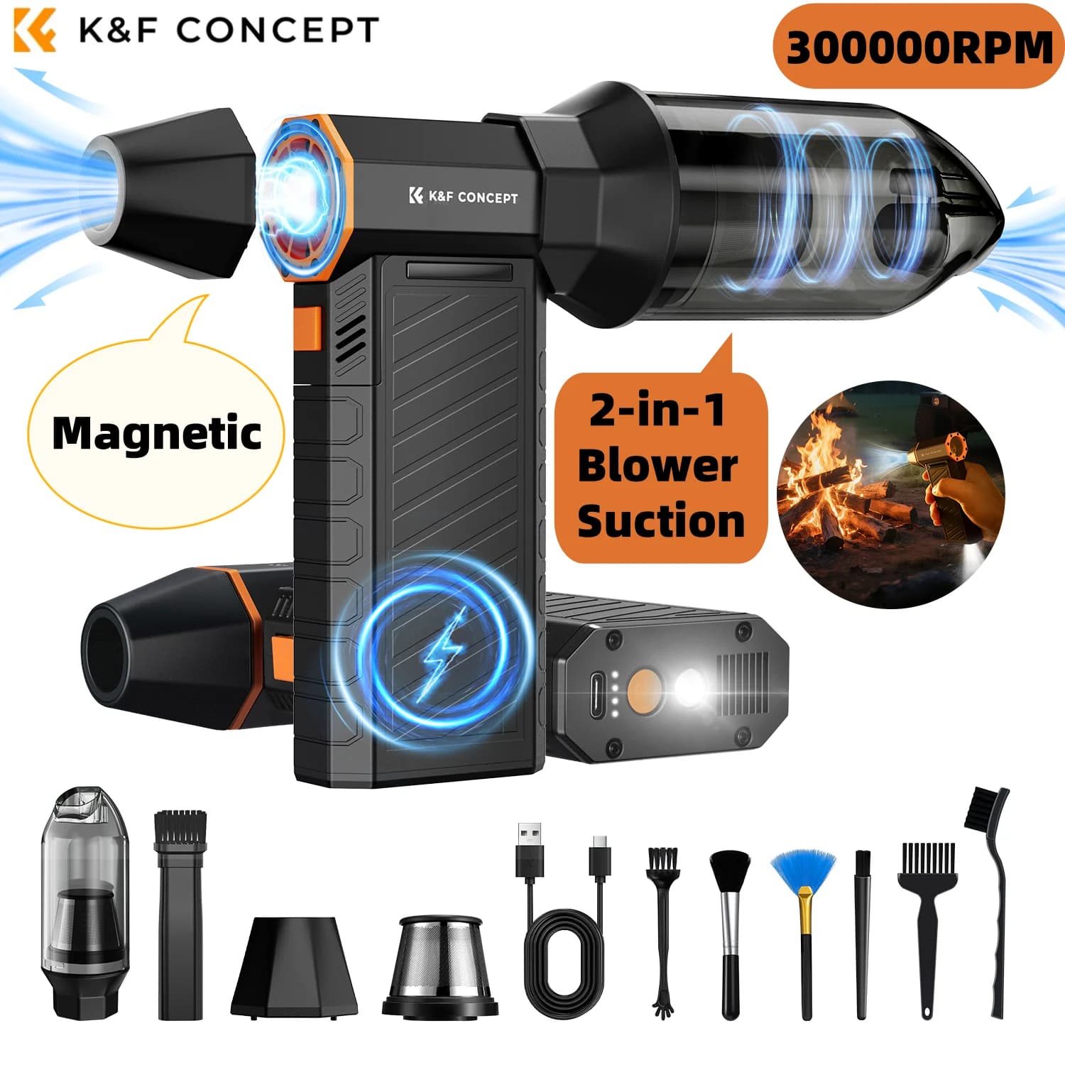 300000RPM Vacuum LED Magnetic Electric Air Duster Compressed 2-in-1 Air Blower&Suction for Computer,Laptop Keyboard,Camera Clean