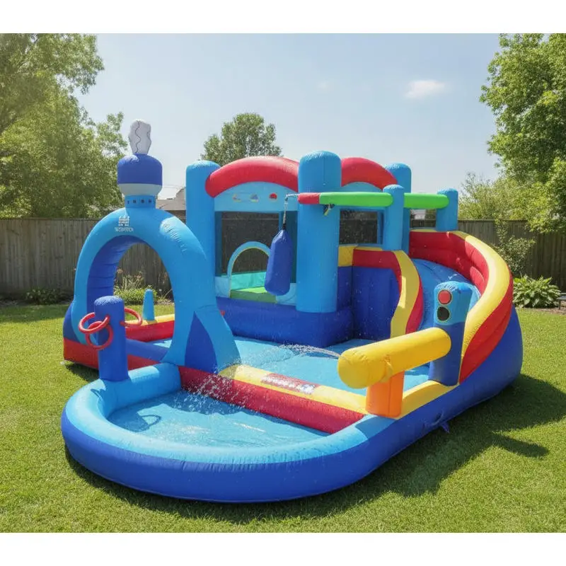 Bouncy castle with water slide, jumping area, paddling pool, water cannons, punching bag, ring toss game (without blower)