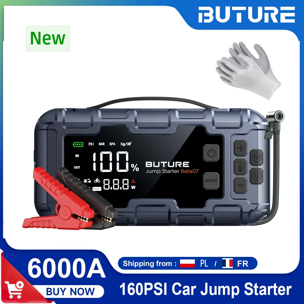 BUTURE 6000A Car Jump Starter PD45W Power Bank Portable 160PSI Air Pump Battery Emergency Boosters Starting Device Car Starter