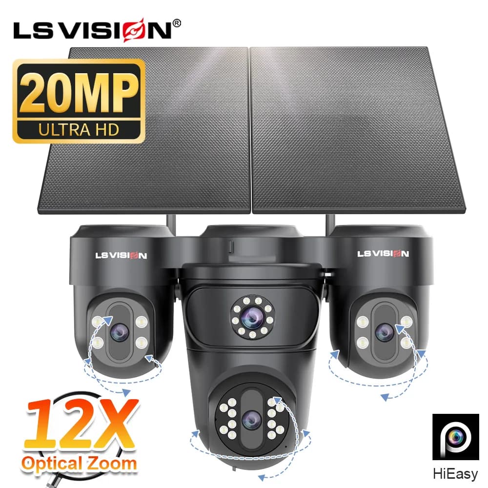 LS VISION 20MP 24/7 Recording Solar Security Camera 12X Optical Zoom Outdoor 4G AOV 3-PTZ Four Screen Starlight Full Color Night Vision Auto Zoom Tracking Surveillance Cameras with 15W Solar Panel