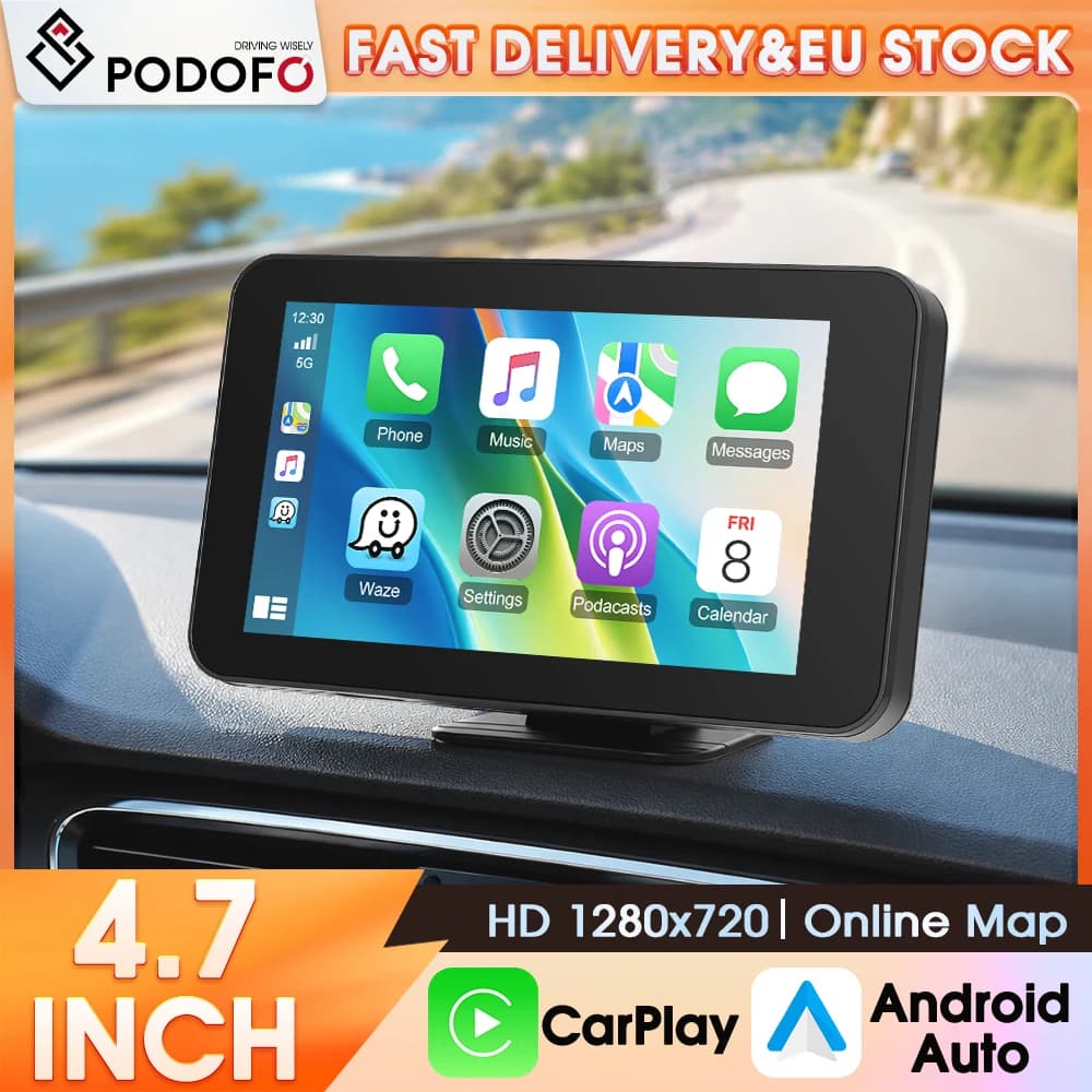 Podofo 4.7 Inch Portable Smart Car Multimedia Player Built-in Wireless CarPlay Android Auto & GPS Navigation TPMS Tire Pressure Monitoring Function Bluetooth Audio Music Stereo Equipment For Universal Vehicle Dashboard Entertainment Upgrade Tools