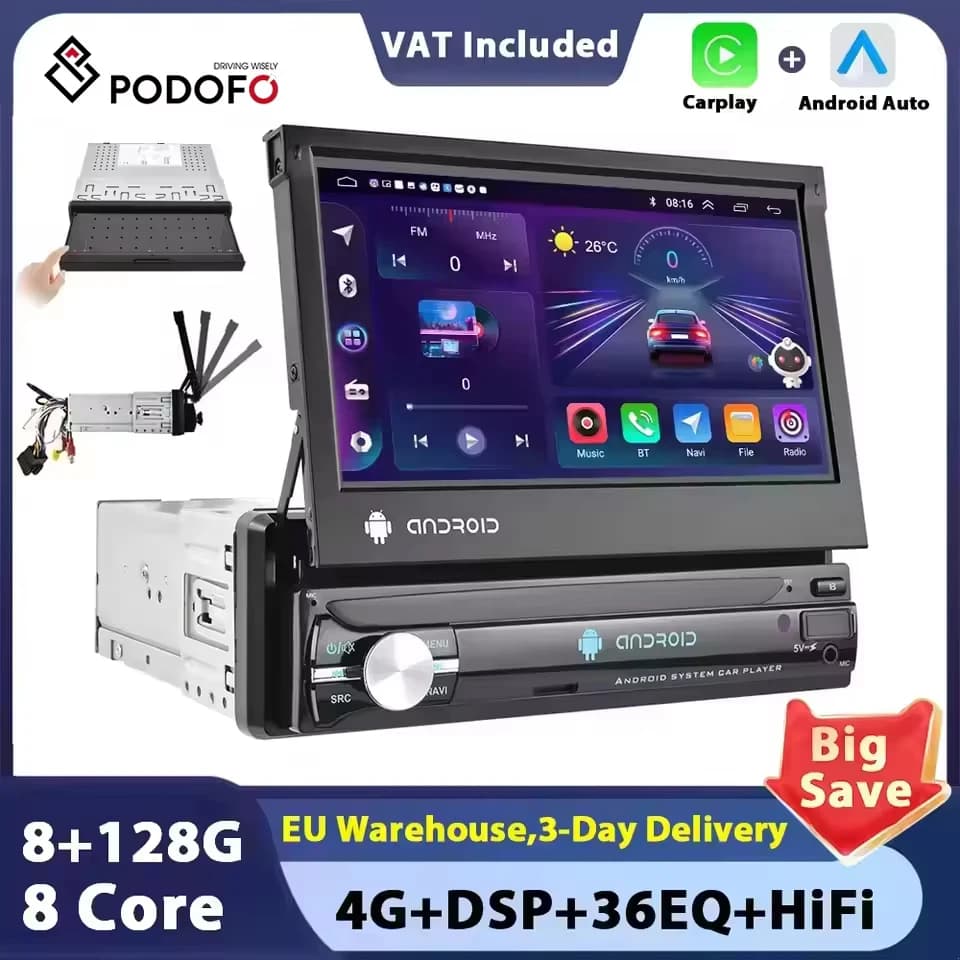 Podofo Android 1 Din Car Rotatable Radio Screen Carplay because Multimedia Video Player Universal Car Audio GPS Navigation WIFI