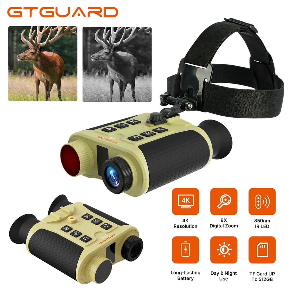 GTGUARD V6 Night Vision Goggles Head-mounted 8X Zoom Digital 4K Infrared Binoculars Telescope 300M Full Darkness Video Recording