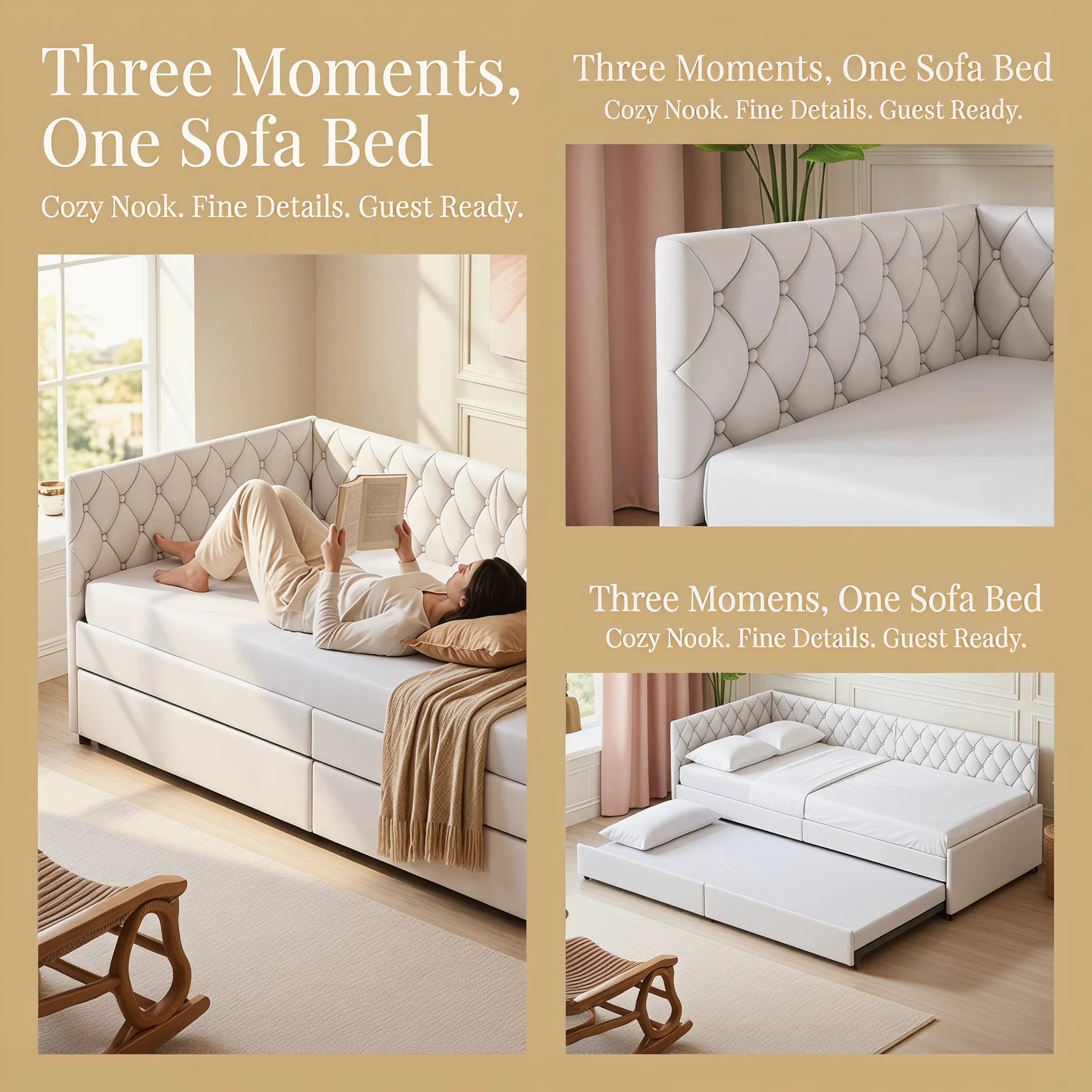 Comanlai 90×200 cm Pull-Out Sofa Bed, Multifunctional Bed with Slatted Frame, Upholstered Sofa Bed, Single Bed, for Bedroom, Living Room, Velvet, Beige