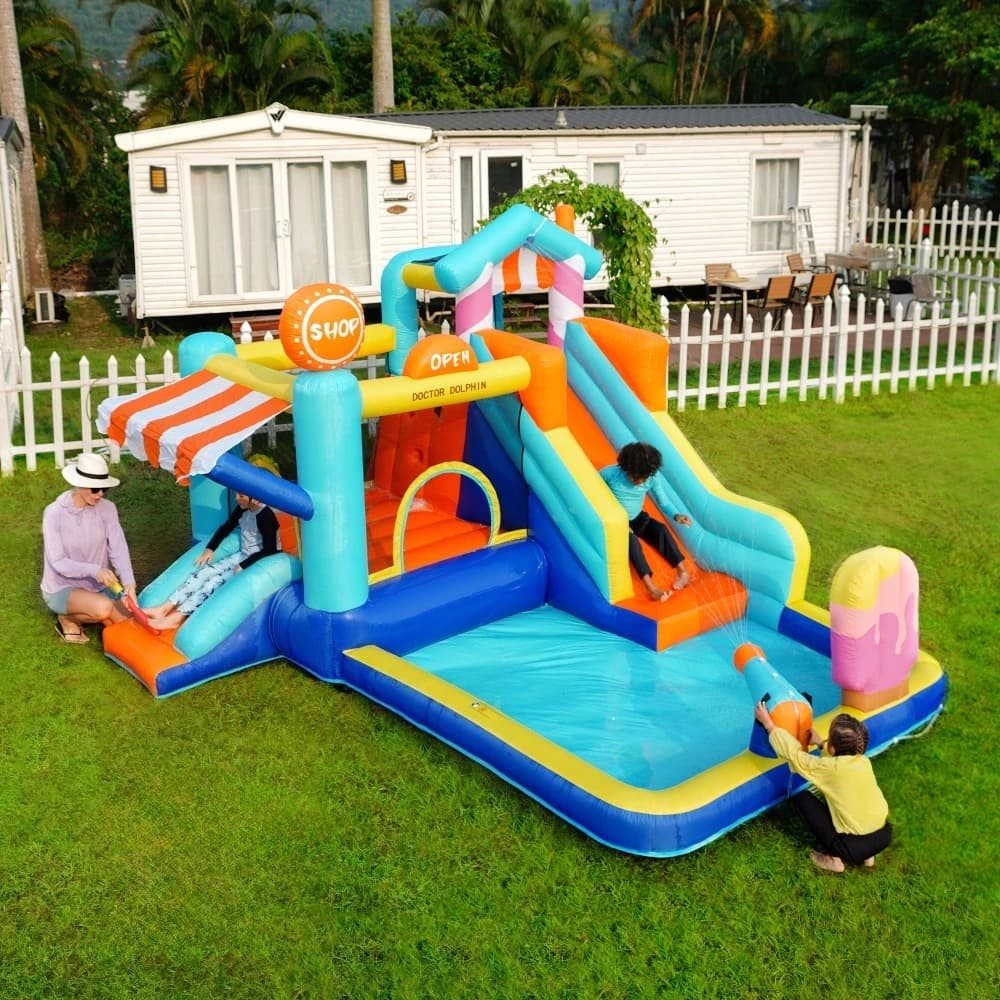 Inflatable Bouncy Play Castle 65.5 X 40 X 40 Cm Reinforced Oxford Fabric Dual Slide Design Suitable for Garden Patio