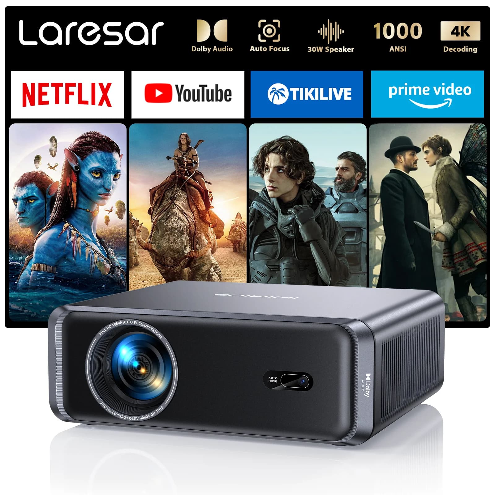 Laresar A1 Netflix Officially Projector 4K 1600ANSI Native 1080P Android TV Auto Focus/Keystone WiFi6 BT5.2 Dolby Home Cinema