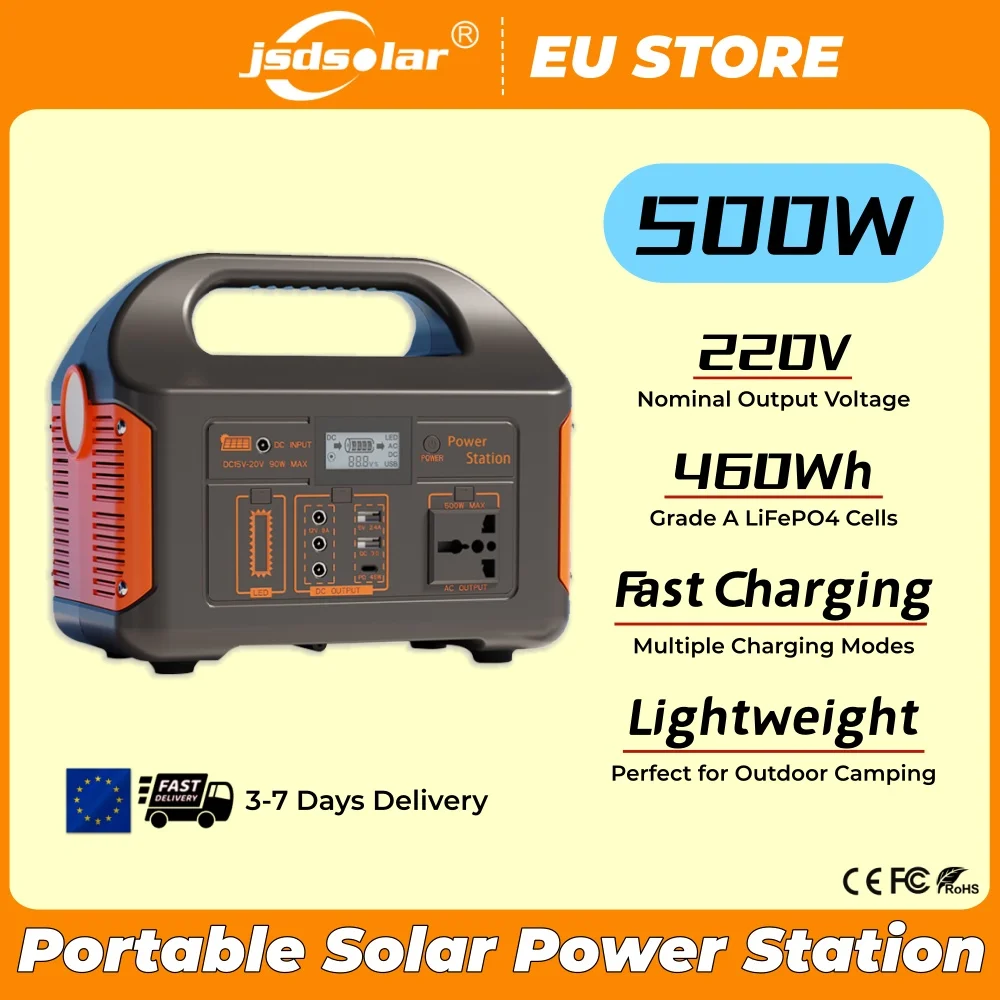 Portable Solar Power Station 500W 460Wh 300W External Battery LiFePO4 220V EU BMS Power Storage System Power Bank Charger UPS