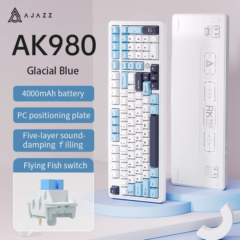 AJAZZ AK980 V2/PRO hot plug 10000mAh customized wireless three mode mechanical game keyboard, electronic competitive game, side LED, Compact 96% layout sealed structure RGB backlight
