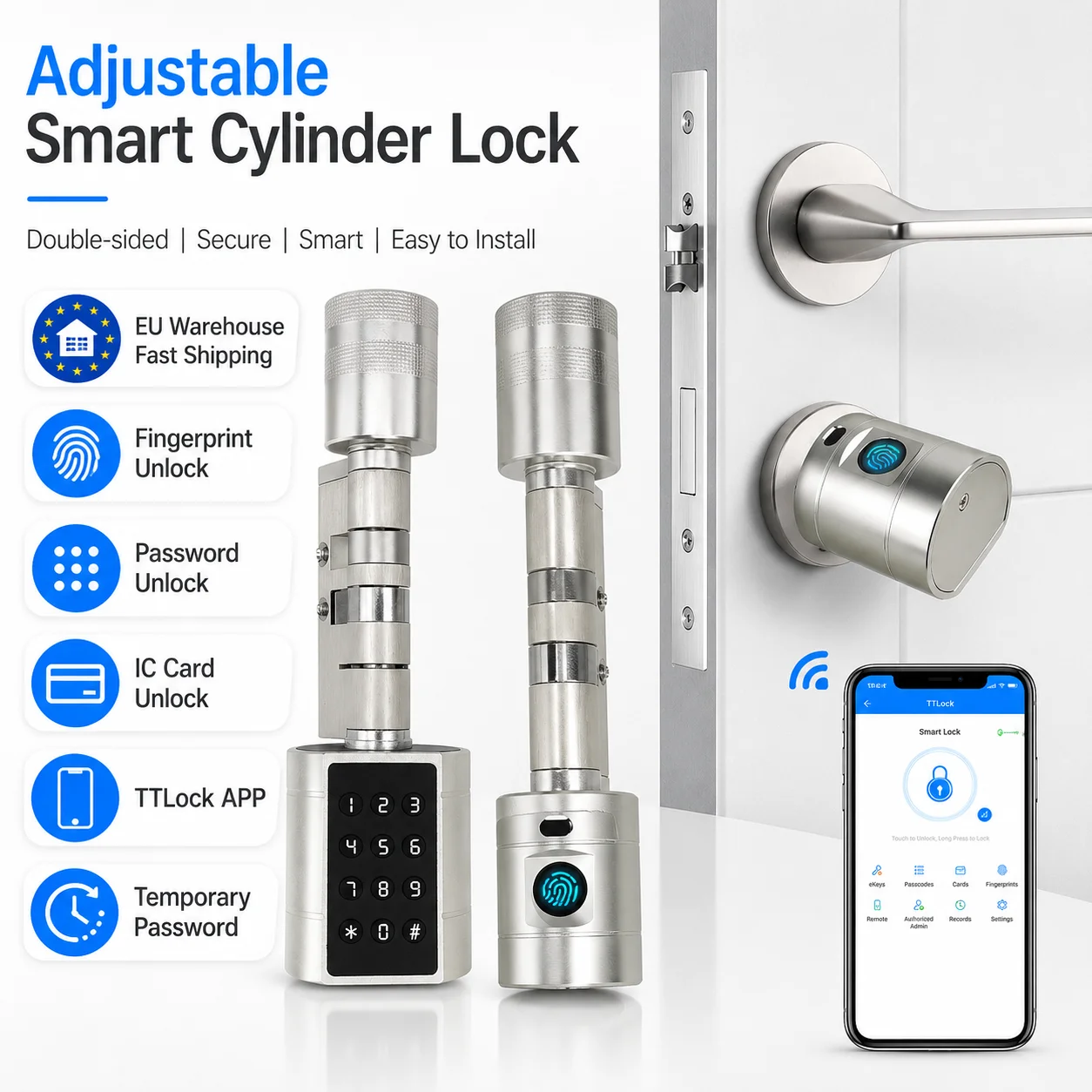 Smart Door Lock Cylinder Fingerprint Lock TTLock APP Digital Keypad Lock Adjustable Euro Cylinder Smart Lock Password IC Card Unlock